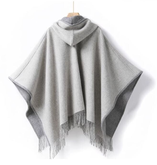 Women's New Pure Wool Reversible Cape Shawl Wrap Jacket Poncho Hood - Image 9