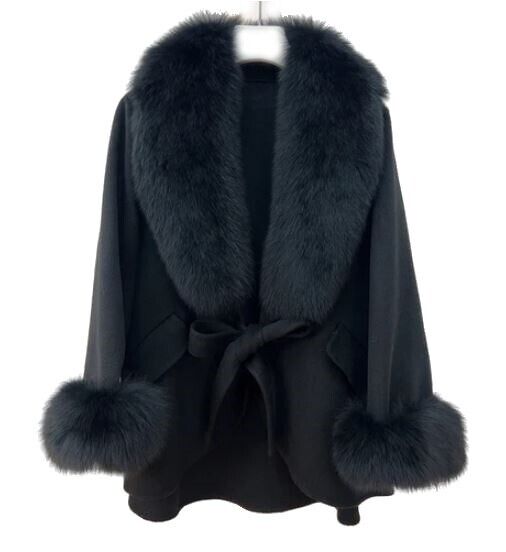Women's Beige Cashmere Wool Cape Jacket Fox Fur - Image 6