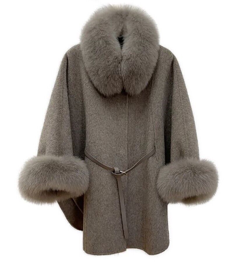 Women's Brand New Oatmeal Cashmere Wool Cape Cloak Jacket with Fox Fur - Image 6