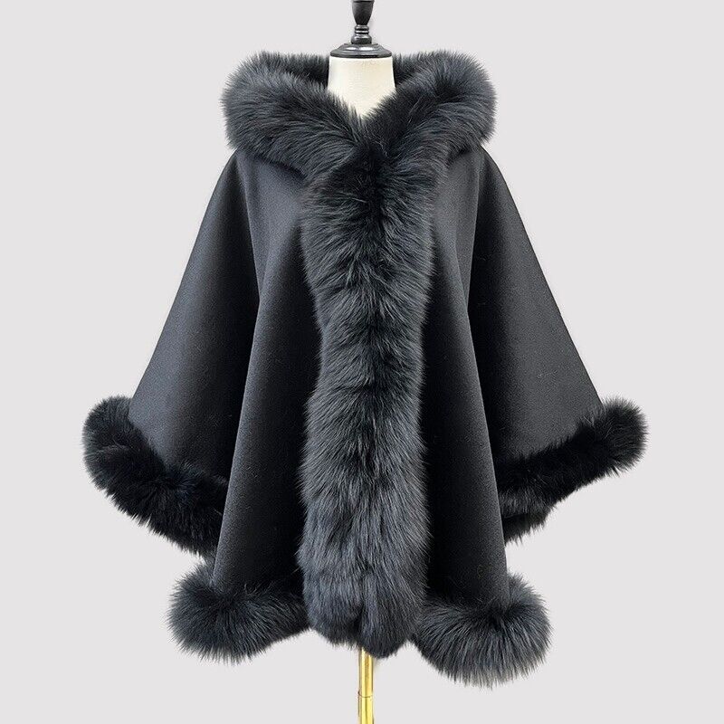 Women's Black Cashmere Wool Wrap Cape with Hood and Fox Fur Trim