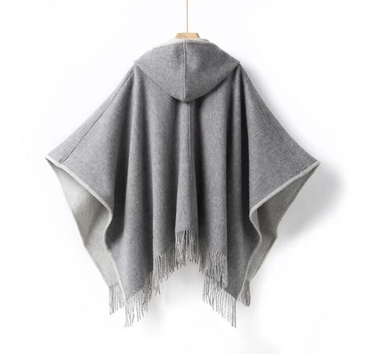 Women's New Pure Wool Reversible Cape Shawl Wrap Jacket Poncho Hood - Image 7