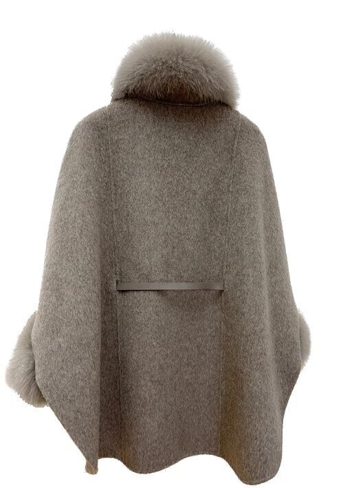 Women's Brand New Oatmeal Cashmere Wool Cape Cloak Jacket with Fox Fur - Image 5