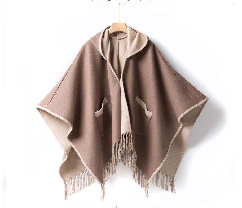 Women's New Pure Wool Reversible Cape Shawl Wrap Jacket Poncho Hood - Image 2