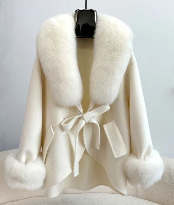 Women's Beige Cashmere Wool Cape Jacket Fox Fur - Image 8