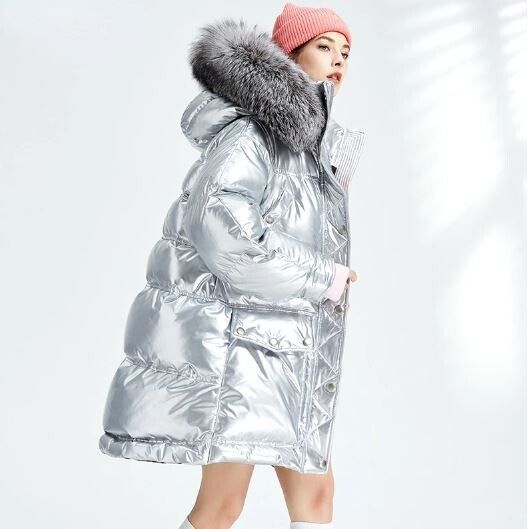 Black Jacket Coat Puffer Down Silver Fox Fur Hood New - Image 7