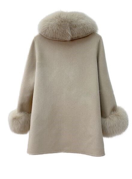 Women's Beige Cashmere Wool Cape Jacket Fox Fur - Image 3