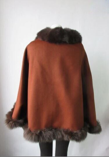 Women's Brown Cashmere Wool Wrap Cape Fox Fur - Image 5