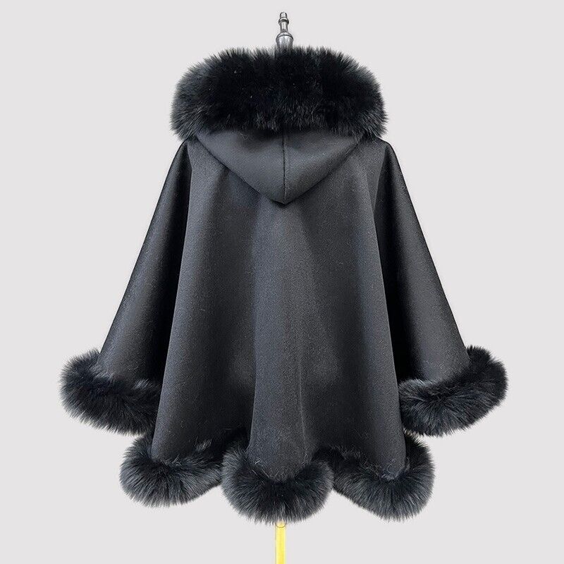 Women's Black Cashmere Wool Wrap Cape with Hood and Fox Fur Trim - Image 2