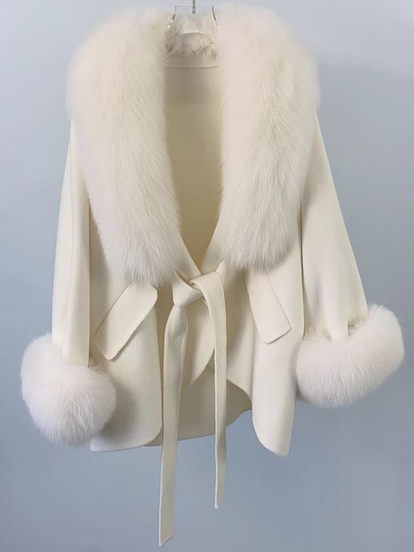 Women's Brand New Cream Cashmere Wool Cape Cloak Jacket with Fox Fur