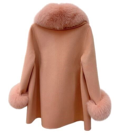 Women's Beige Cashmere Wool Cape Jacket Fox Fur - Image 5