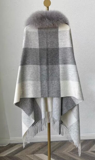 Women's Gray Checkered Cashmere Wool Wrap Cape with Detachable Fox Fur - Image 2