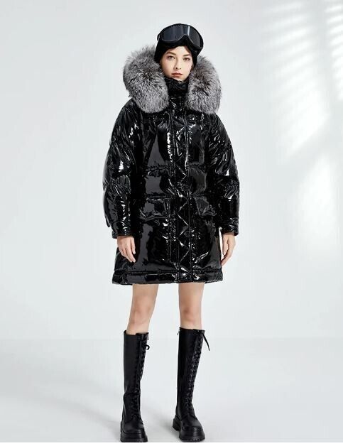 Black Jacket Coat Puffer Down Silver Fox Fur Hood New - Image 4