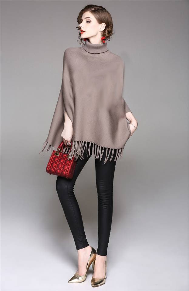 Women's Tan 100% Wool Poncho Sweater - Image 3