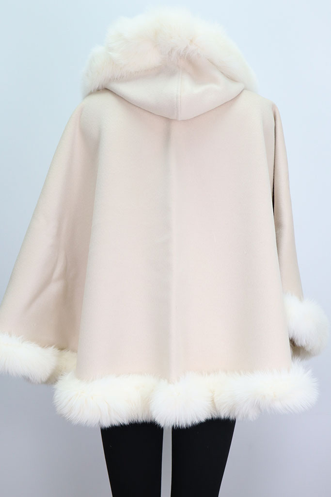Women's Cream Blush Cashmere Wool Wrap Cape with White Fox Fur and Hood | MF2609_2H - Image 3