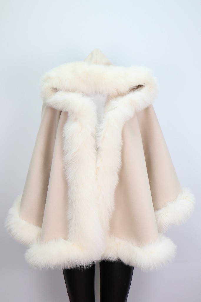 Women's Cream Blush Cashmere Wool Wrap Cape with White Fox Fur and Hood | MF2609_2H