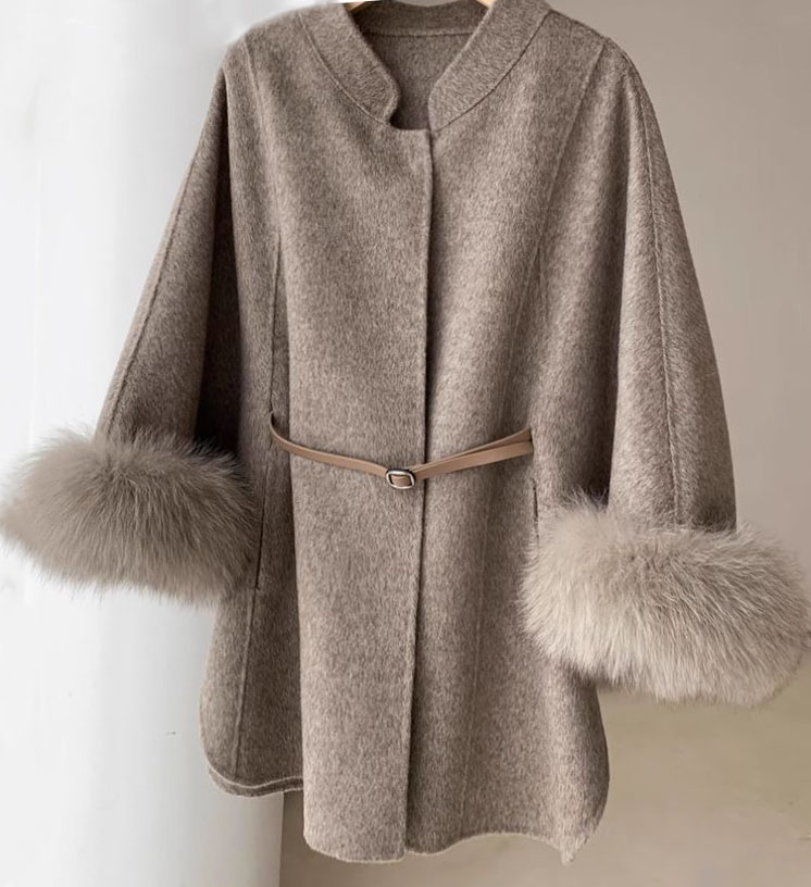 Women's Brand New Oatmeal Cashmere Wool Cape Cloak Jacket with Fox Fur - Image 2