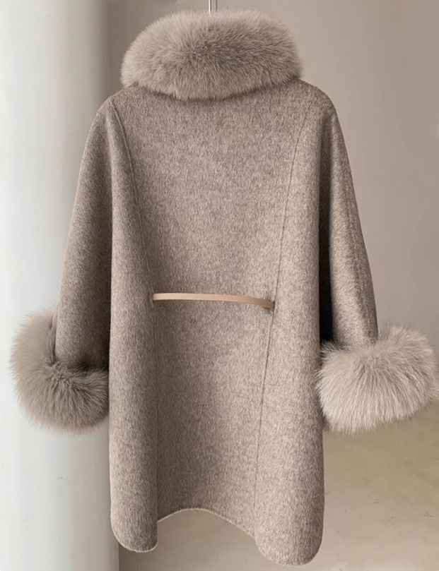 Women's Brand New Oatmeal Cashmere Wool Cape Cloak Jacket with Fox Fur - Image 3