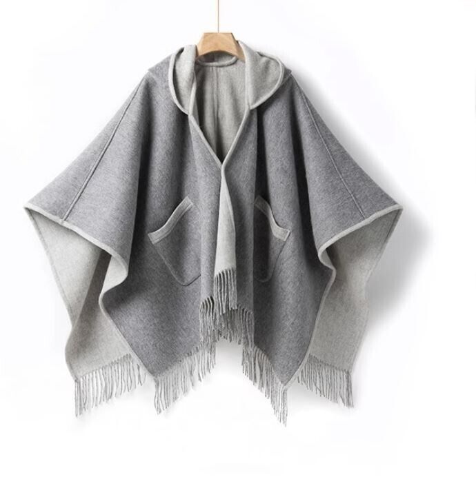 Women's New Pure Wool Reversible Cape Shawl Wrap Jacket Poncho Hood - Image 6