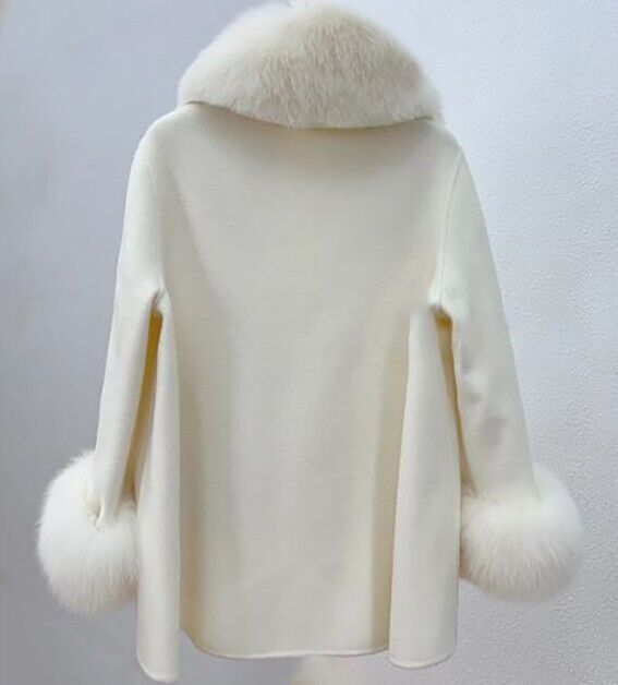 Women's Beige Cashmere Wool Cape Jacket Fox Fur - Image 9