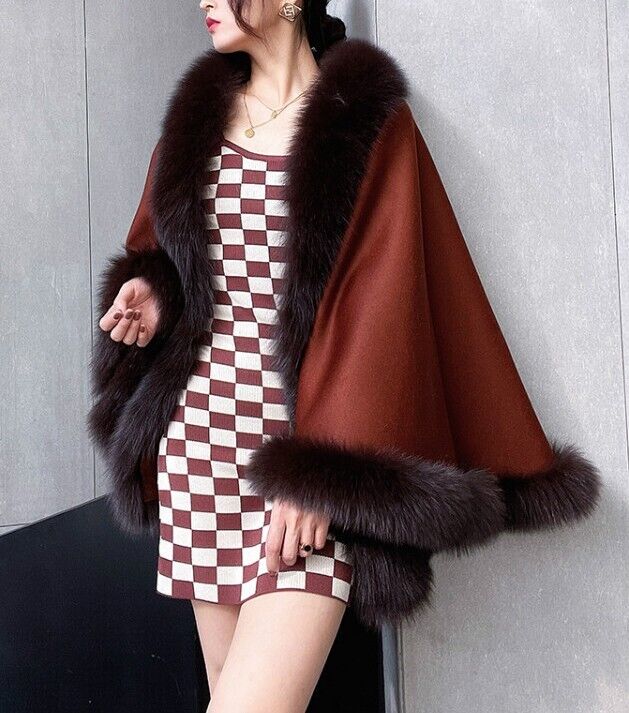 Women's Brown Cashmere Wool Wrap Cape Fox Fur - Image 3