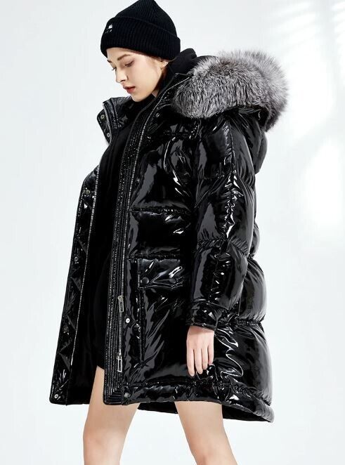 Black Jacket Coat Puffer Down Silver Fox Fur Hood New - Image 3