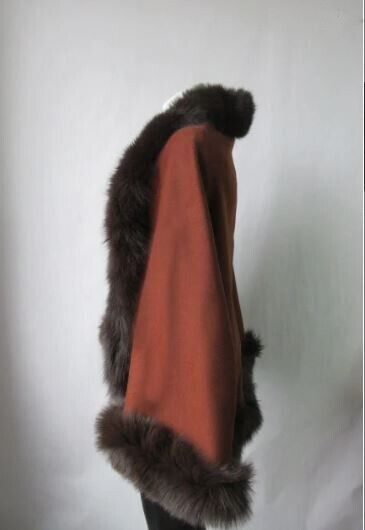 Women's Brown Cashmere Wool Wrap Cape Fox Fur - Image 4