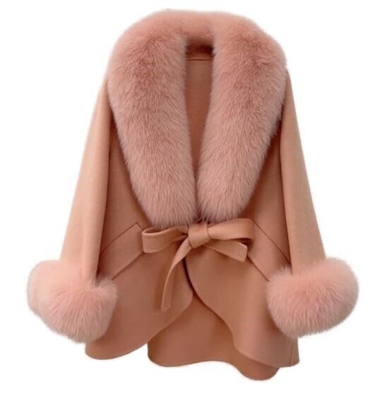 Women's Beige Cashmere Wool Cape Jacket Fox Fur - Image 4