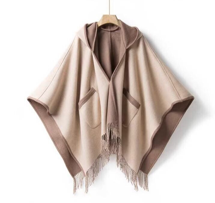Women's New Pure Wool Reversible Cape Shawl Wrap Jacket Poncho Hood - Image 5