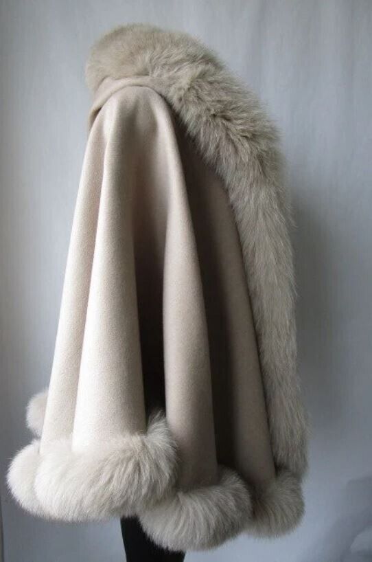 Women's Oatmeal Beige Cashmere Wool Wrap Cape with Fox Fur with HOOD - Image 2