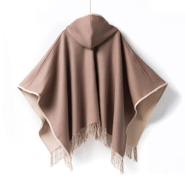 Women's New Pure Wool Reversible Cape Shawl Wrap Jacket Poncho Hood - Image 8