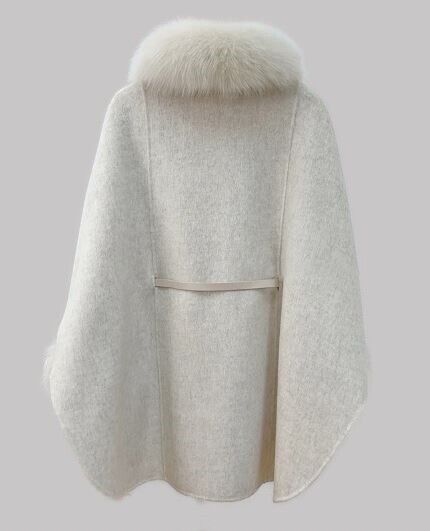 Women's Brand New Oatmeal Cashmere Wool Cape Cloak Jacket with Fox Fur - Image 7