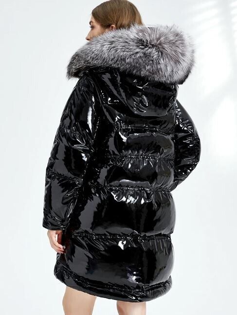 Black Jacket Coat Puffer Down Silver Fox Fur Hood New - Image 5