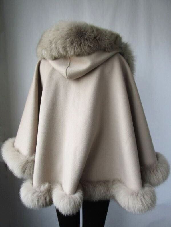 Women's Oatmeal Beige Cashmere Wool Wrap Cape with Fox Fur with HOOD - Image 3