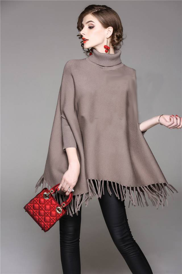 Women's Tan 100% Wool Poncho Sweater - Image 4