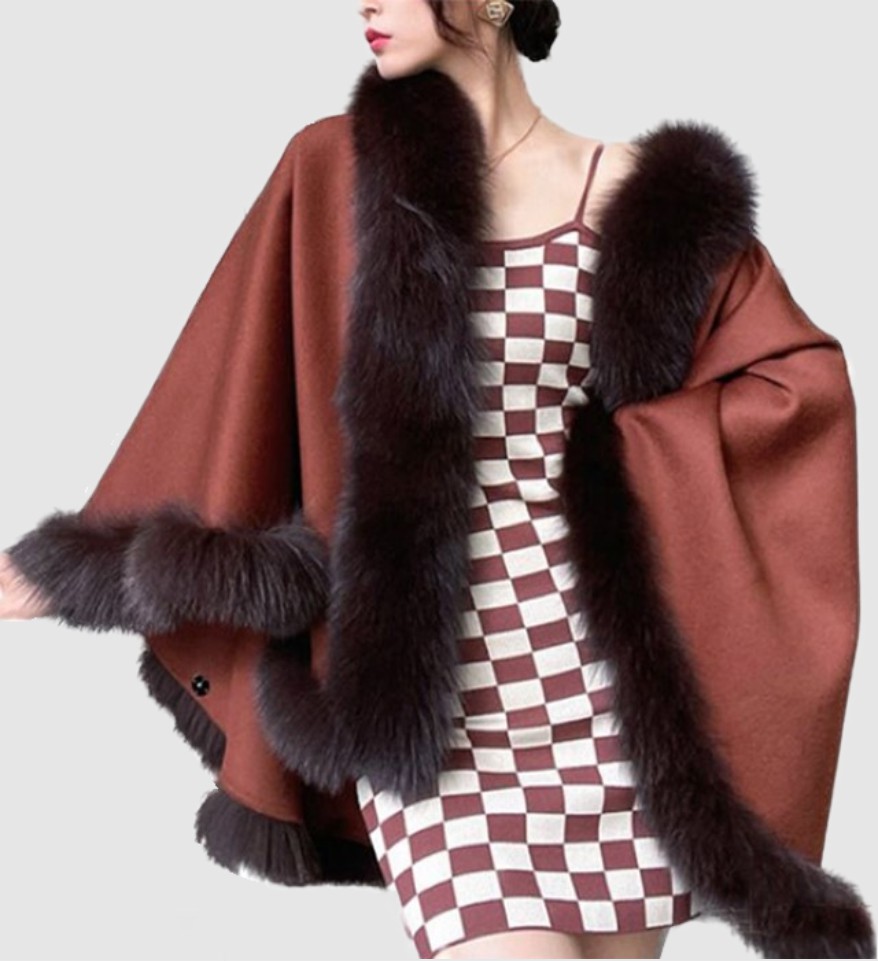 Women's Brown Cashmere Wool Wrap Cape Fox Fur | TT260910_20