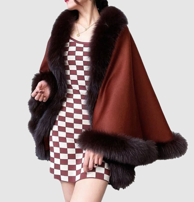 Women's Brown Cashmere Wool Wrap Cape Fox Fur | TT260910_20 - Image 2