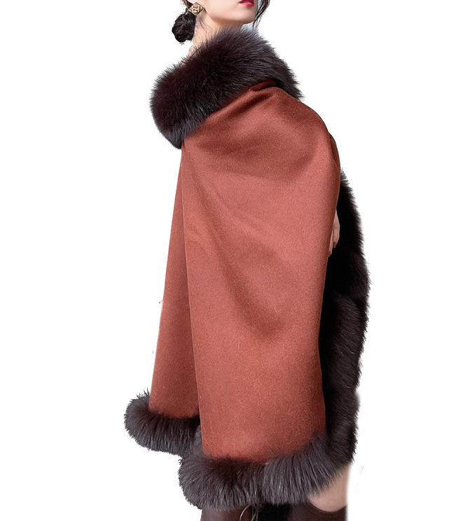 Women's Brown Cashmere Wool Wrap Cape Fox Fur | TT260910_20 - Image 3