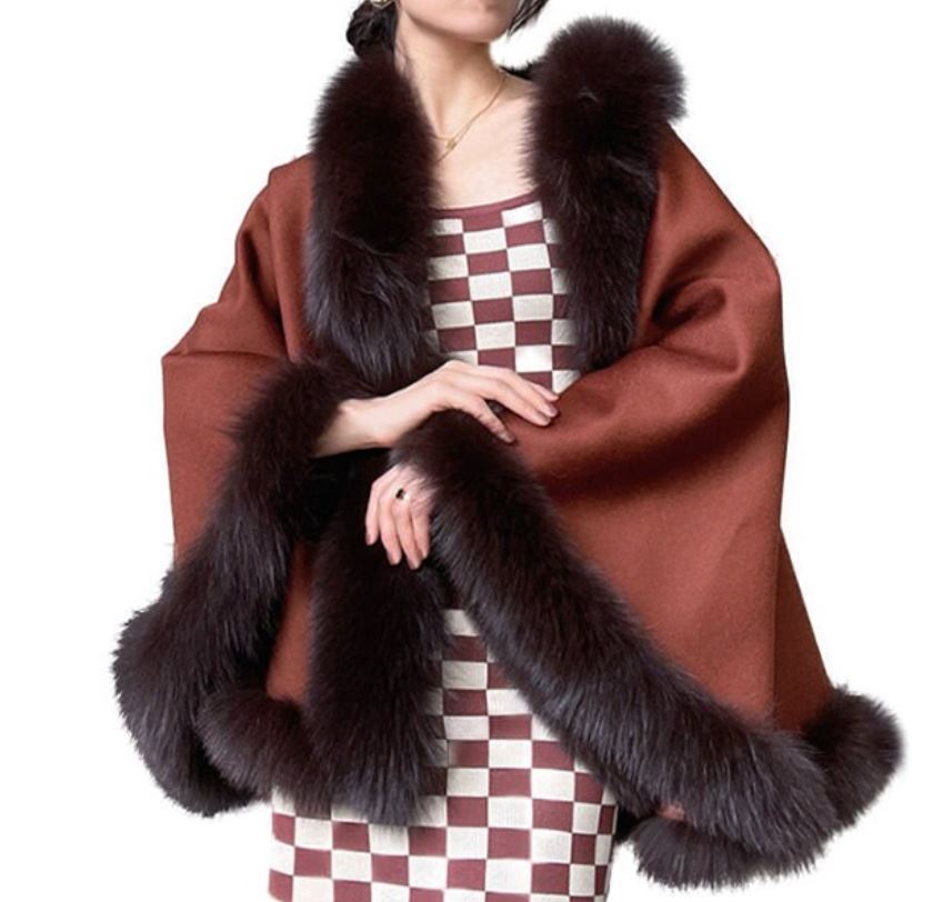 Women's Brown Cashmere Wool Wrap Cape Fox Fur | TT260910_20 - Image 4