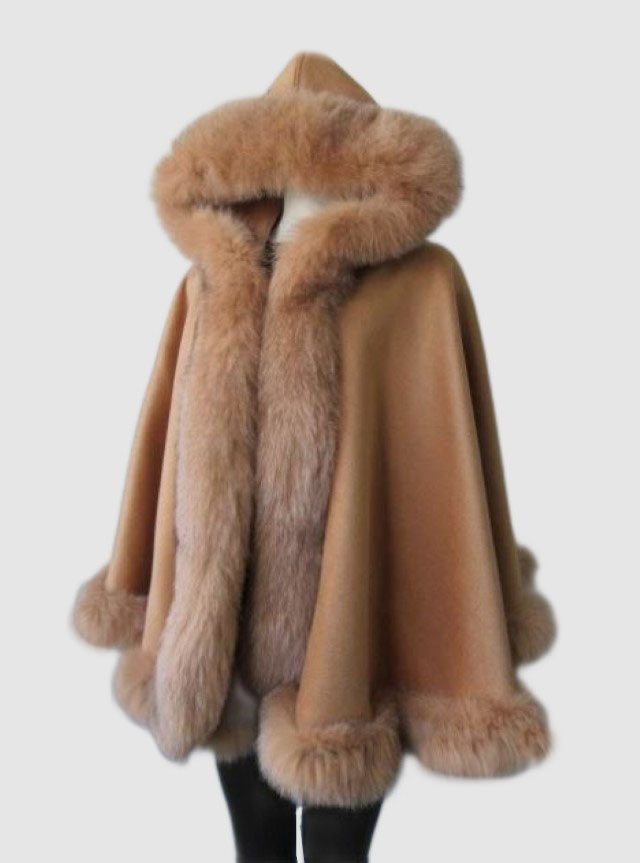 Women's Caramel Cashmere Wool Wrap Cape Fox Fur HOOD | MF2609_6H