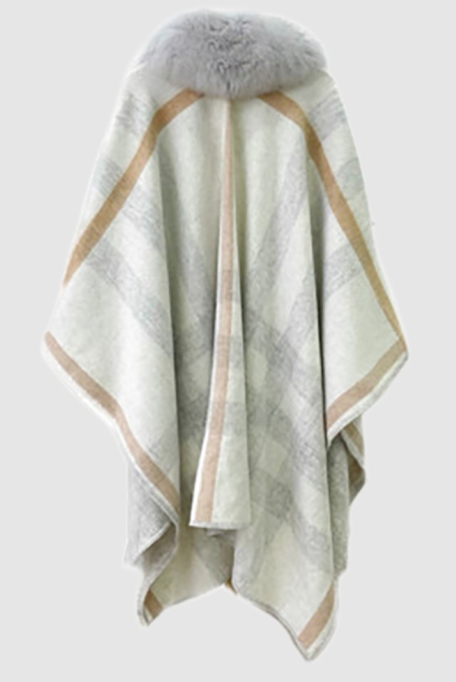 Women's Gray Checkered Cashmere Wool Wrap Cape with Detachable Fox Fur | MF2609_15CG - Image 4