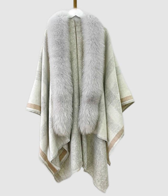 Women's Gray Checkered Cashmere Wool Wrap Cape with Detachable Fox Fur | MF2609_15CG - Image 3