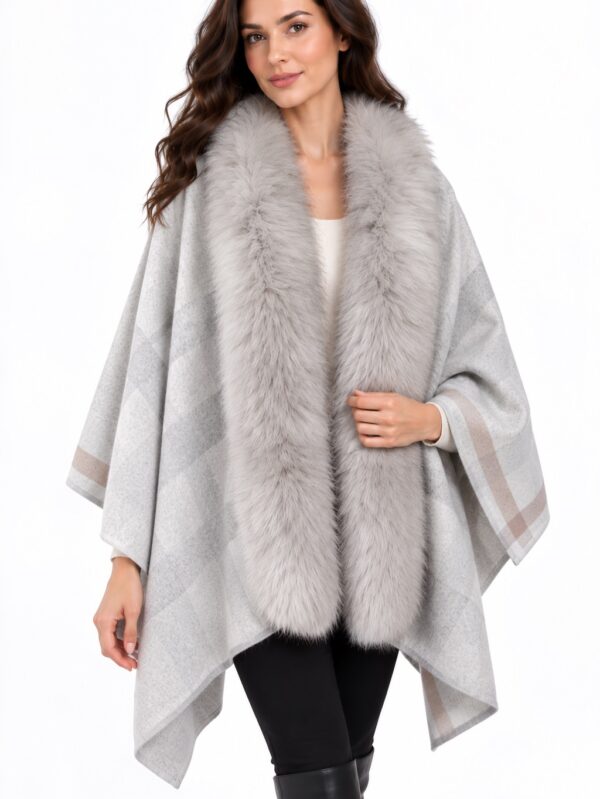 Women's Reversible Beige Wool Wrap Cape Shawl with Detachable Fox Fur | MF2609_15CG