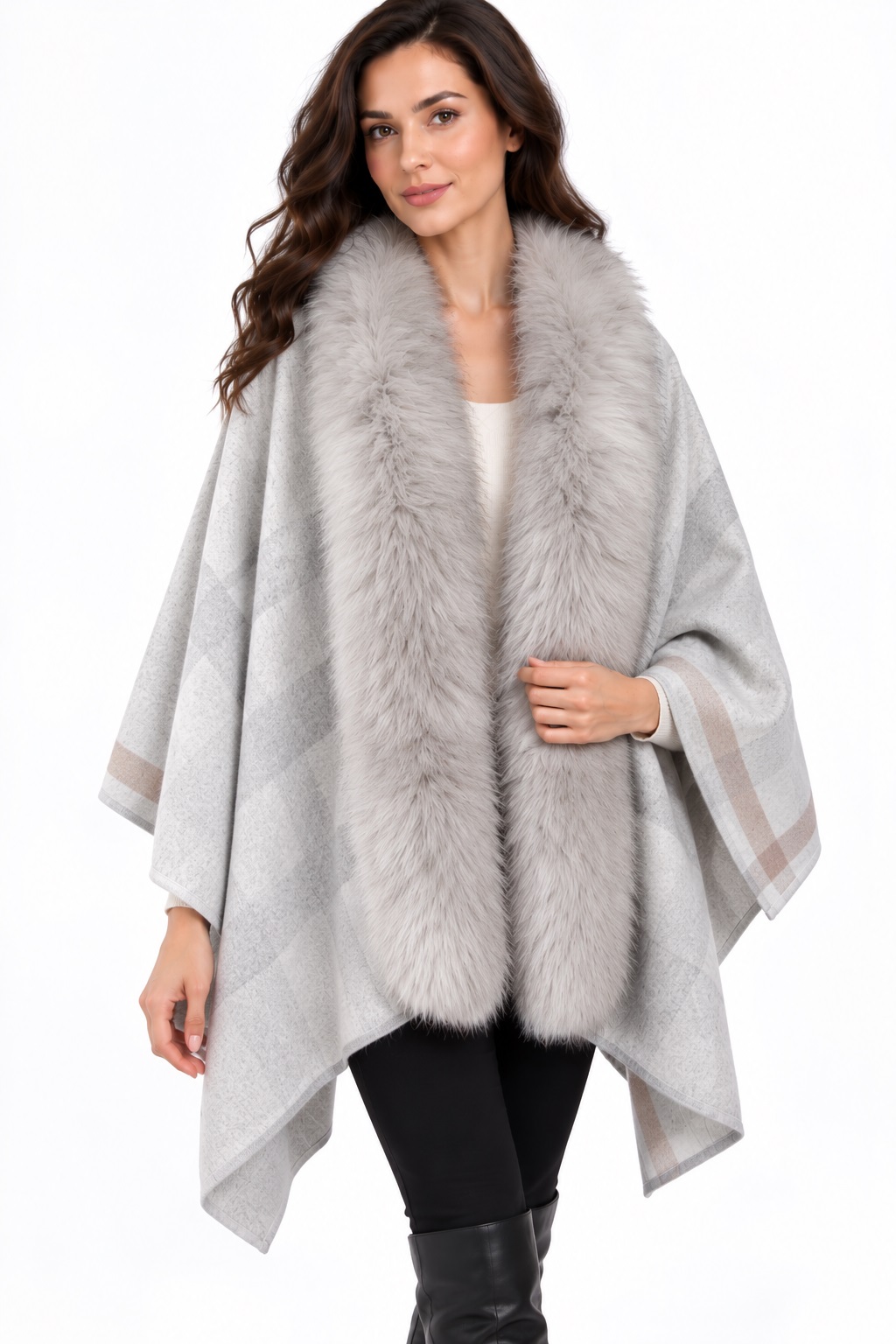 Women's Gray Checkered Cashmere Wool Wrap Cape with Detachable Fox Fur | MF2609_15CG