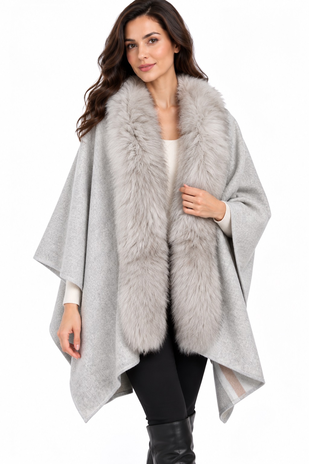 Women's Gray Checkered Cashmere Wool Wrap Cape with Detachable Fox Fur | MF2609_15CG - Image 2