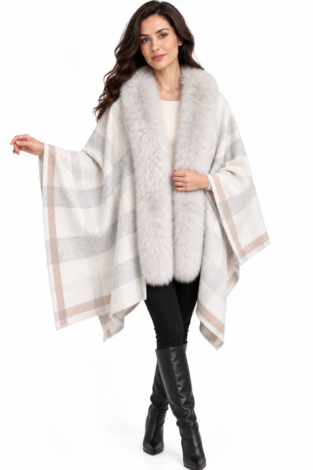 Women's Gray Checkered Cashmere Wool Wrap Cape with Detachable Fox Fur | MF2609_15CG - Image 5