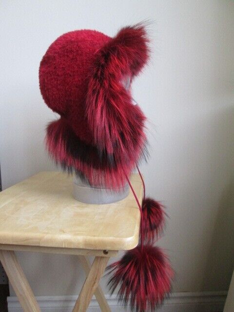 Women's Red Alpaca Aviator Hat with Silver Fox Fur - Image 4