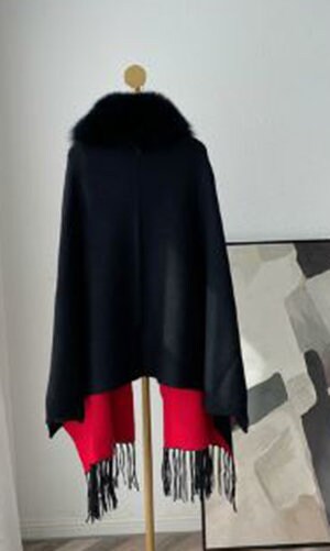 Women's Black Red Cashmere Wool Wrap Cape Detachable Fox Fur - Image 5