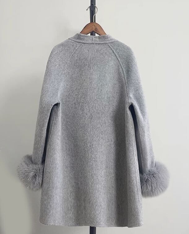 Women's Wool Cashmere Blend Jacket Coat Fox Fur Grey - Image 4