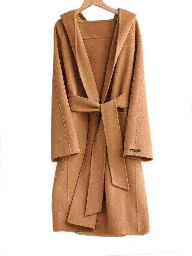 Women's Caramel Cashmere Wool Coat Hood Oversized - Image 4