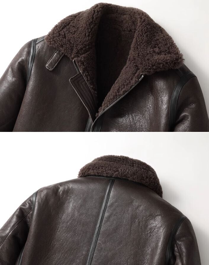 Men's Brown Leather Shearling Jacket Sheepskin Fur - Image 4